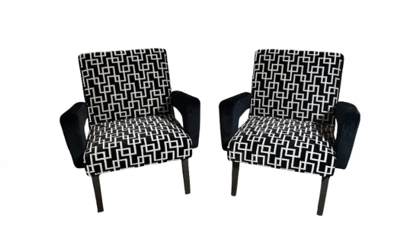 Pair of wood and velvet armchairs, 1960s 1