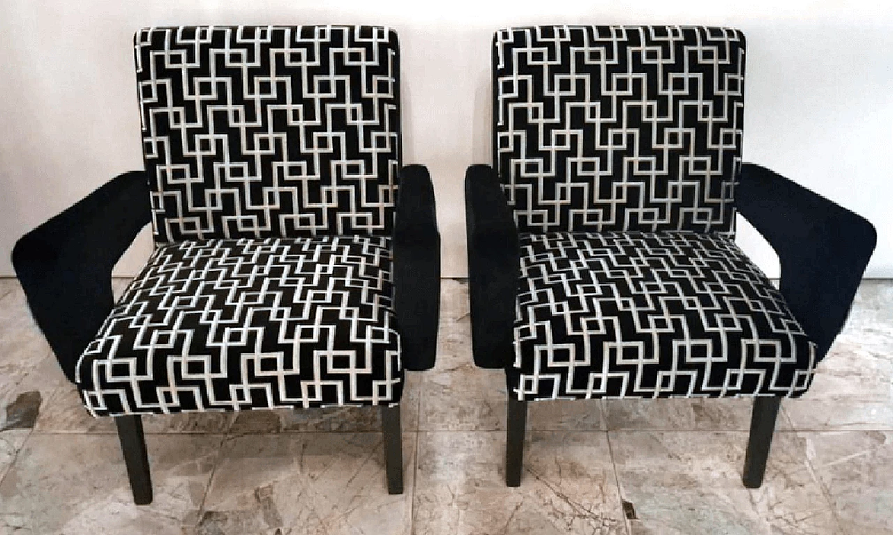 Pair of wood and velvet armchairs, 1960s 2