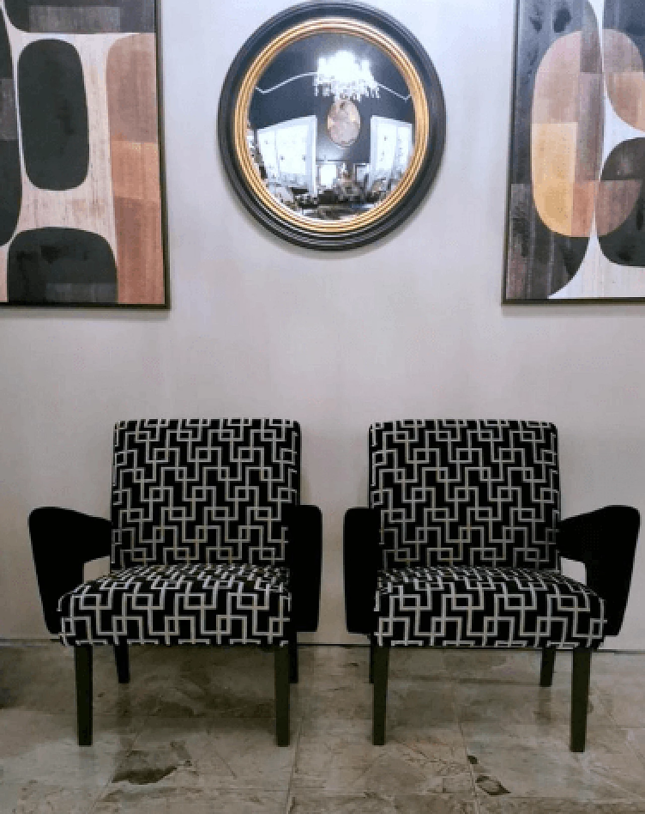 Pair of wood and velvet armchairs, 1960s 13