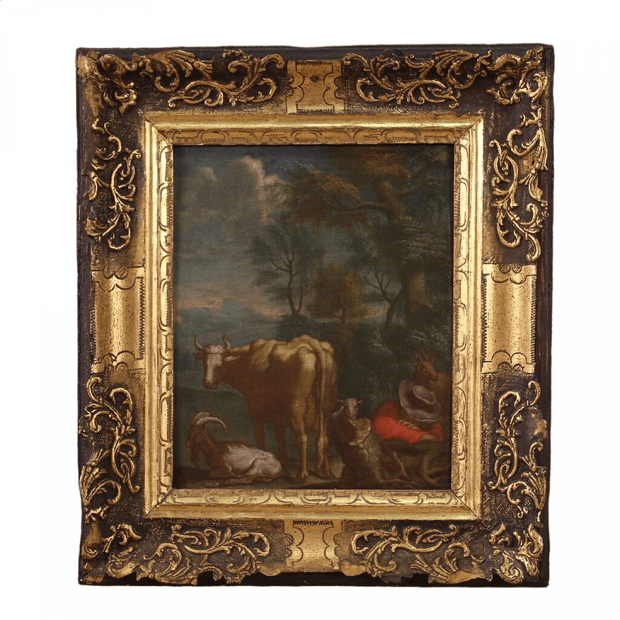 Bucolic landscape with shepherd and animals, oil painting on panel, 18th century 17
