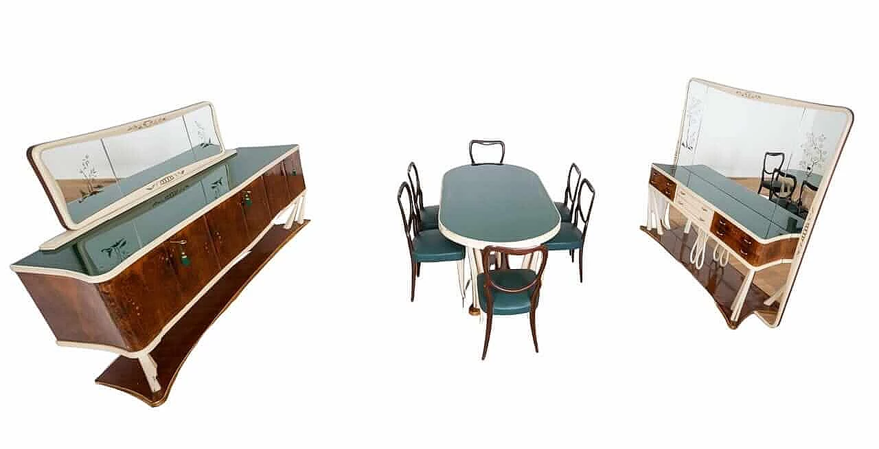 Pair of sideboards with mirror, table and chairs in the style of Vittorio Dassi, 1950s 46