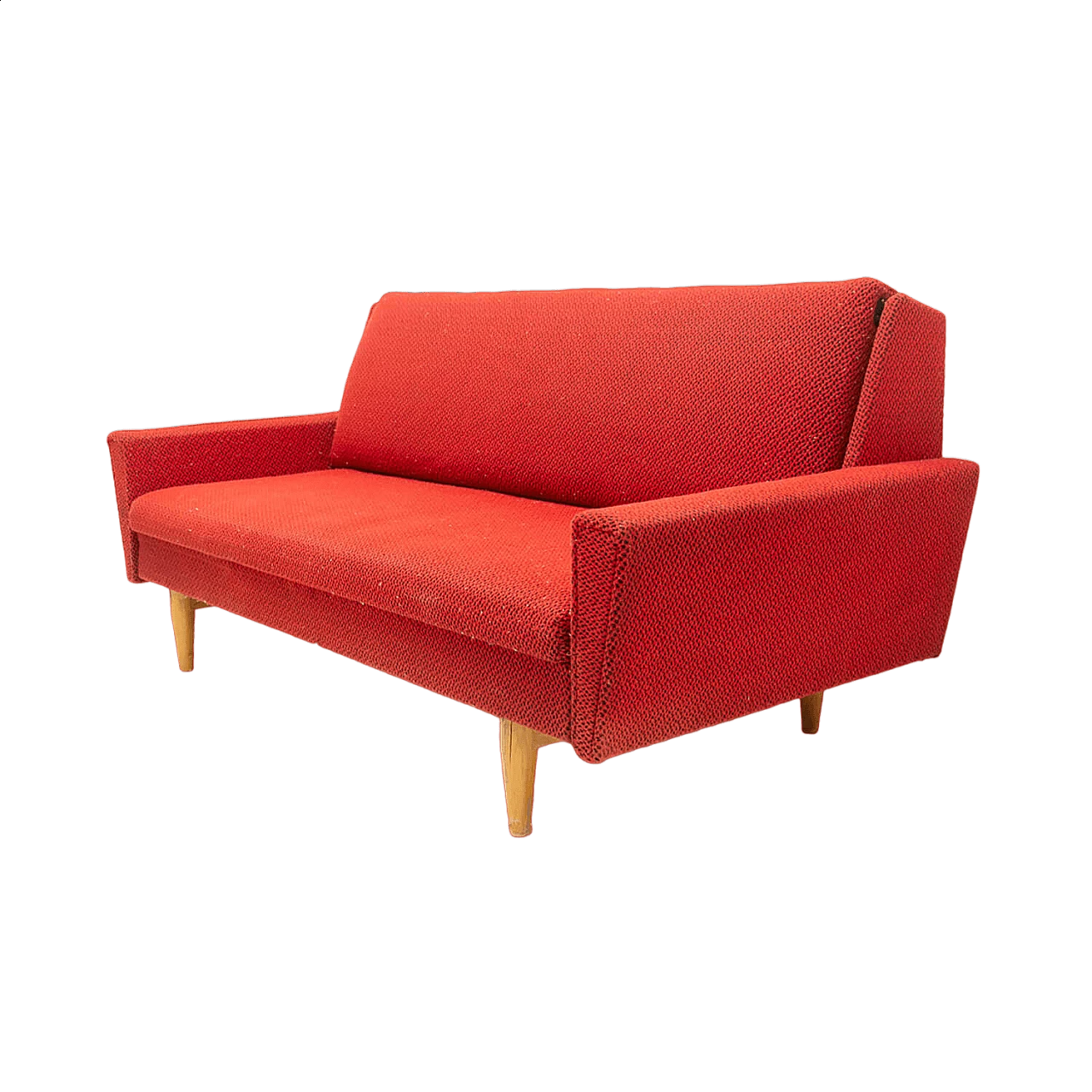 Divano letto pieghevole cecoslovacco in legno e tessuto rosso, anni '60 19