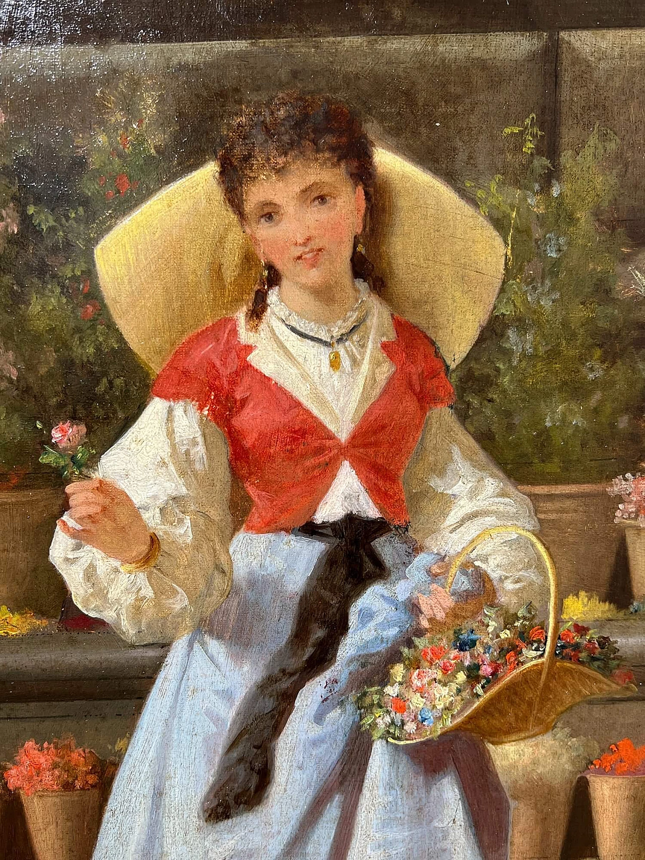 Enrico Fanfani, flower girl at Palazzo Strozzi, oil painting on canvas, 19th century 11