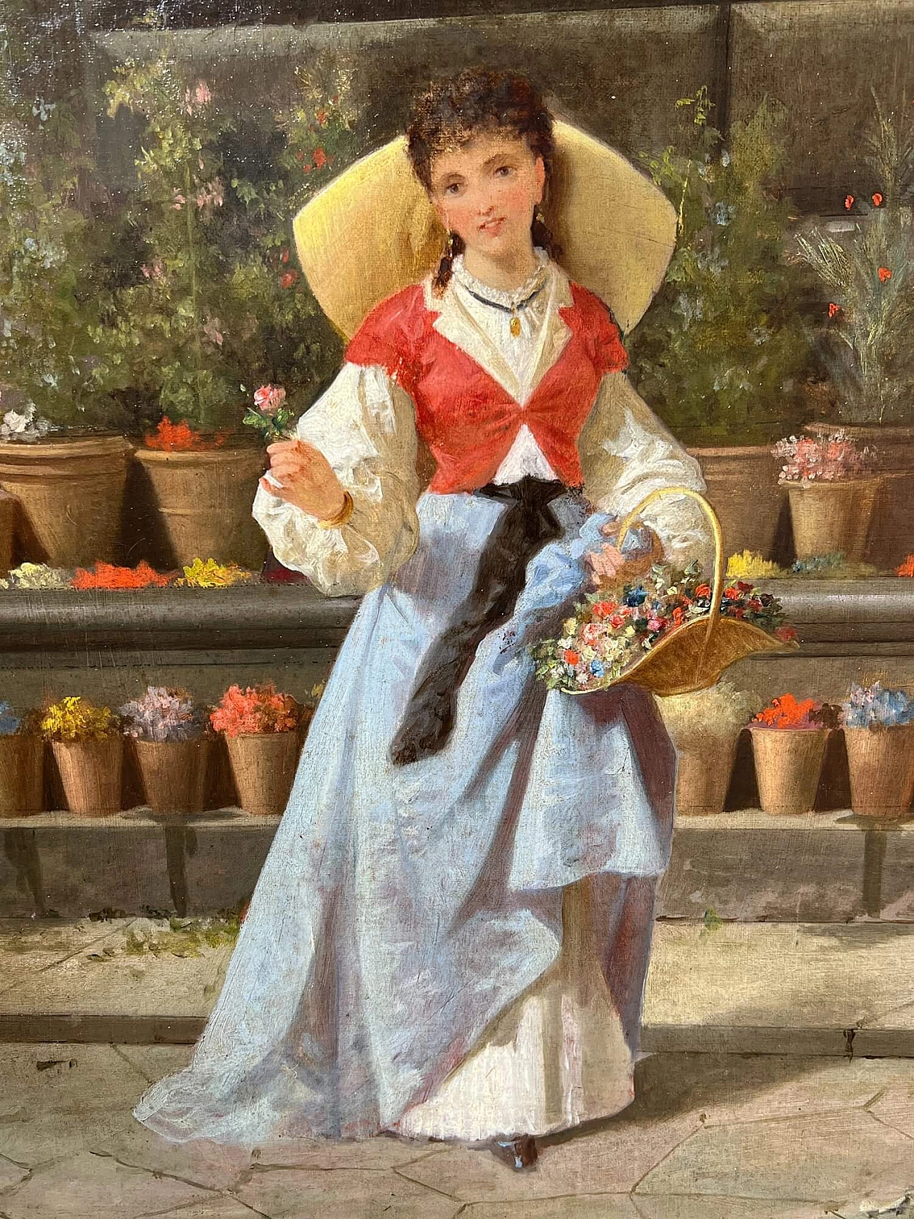 Enrico Fanfani, flower girl at Palazzo Strozzi, oil painting on canvas, 19th century 12