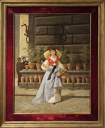 Enrico Fanfani, flower girl at Palazzo Strozzi, oil painting on canvas, 19th century
