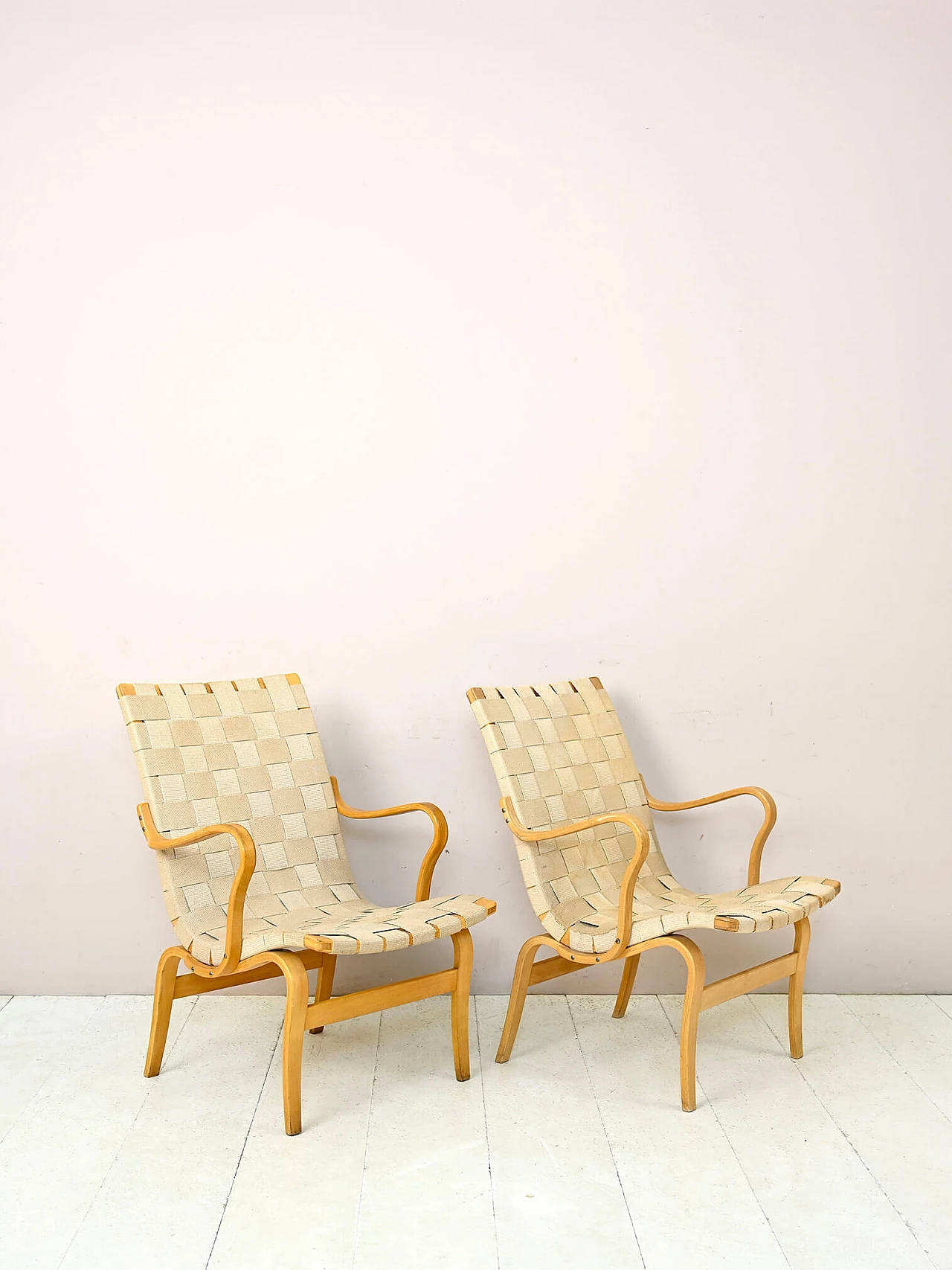 Pair of wood and fabric Eva armchairs by Bruno Mathsson, 1970s 2