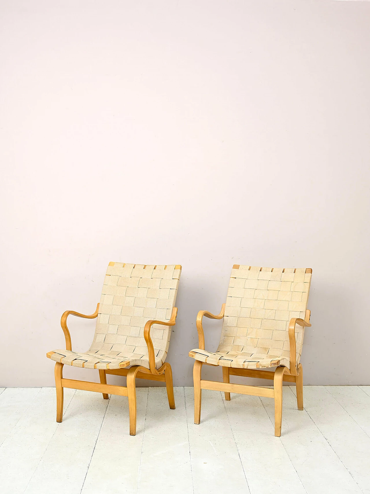 Pair of wood and fabric Eva armchairs by Bruno Mathsson, 1970s 4
