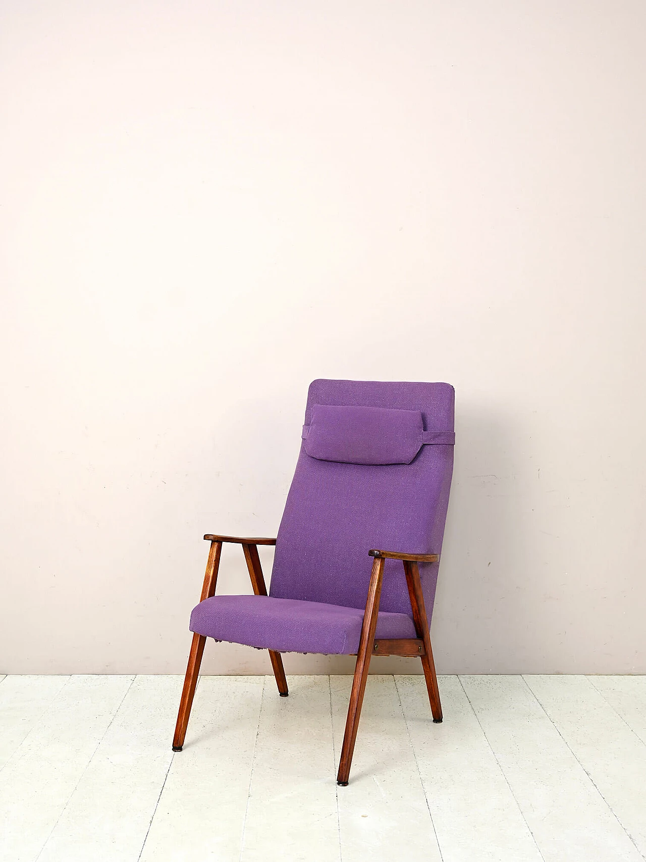 Scandinavian wood and purple fabric armchair, 1960s 1
