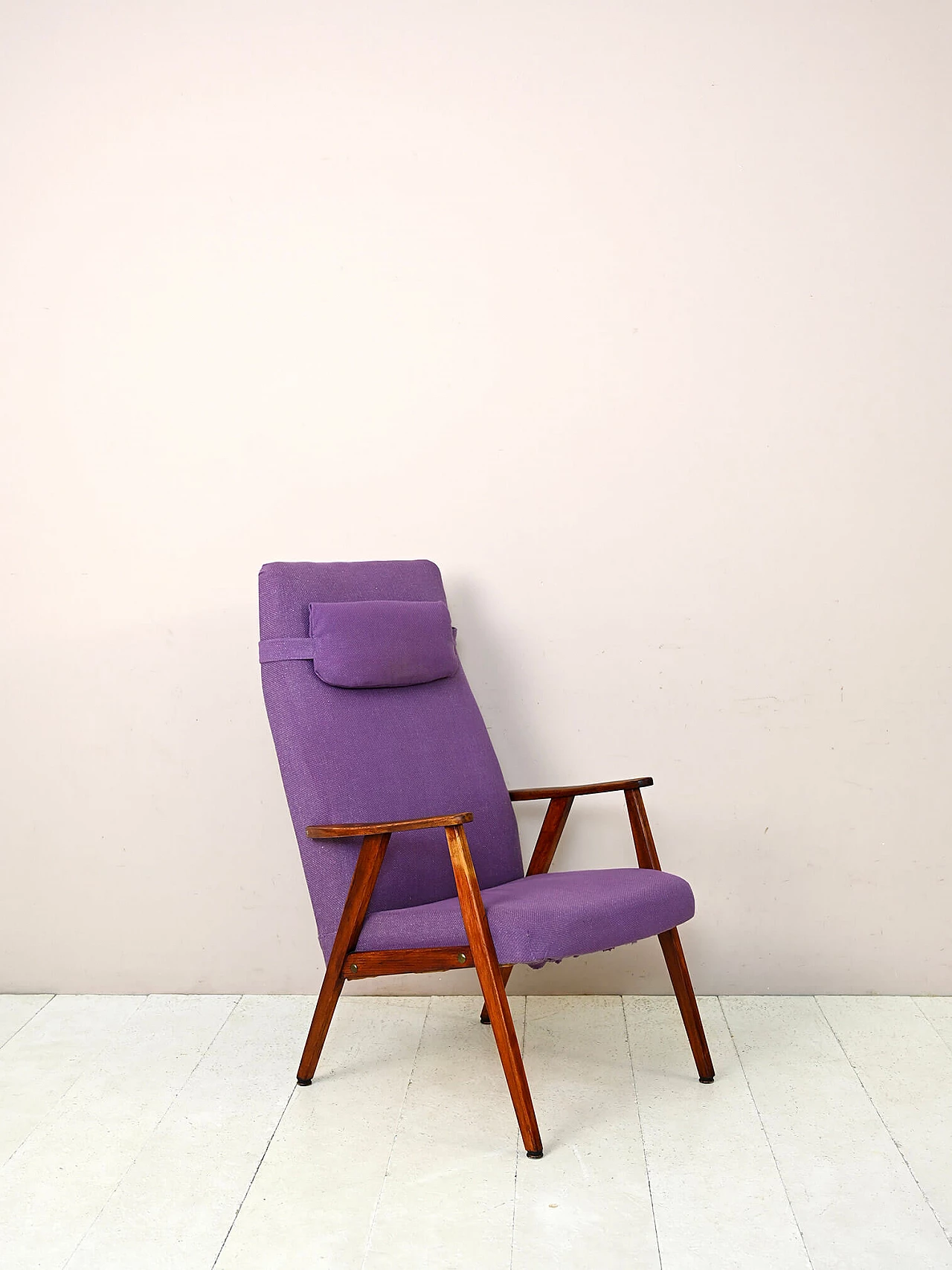Scandinavian wood and purple fabric armchair, 1960s 2