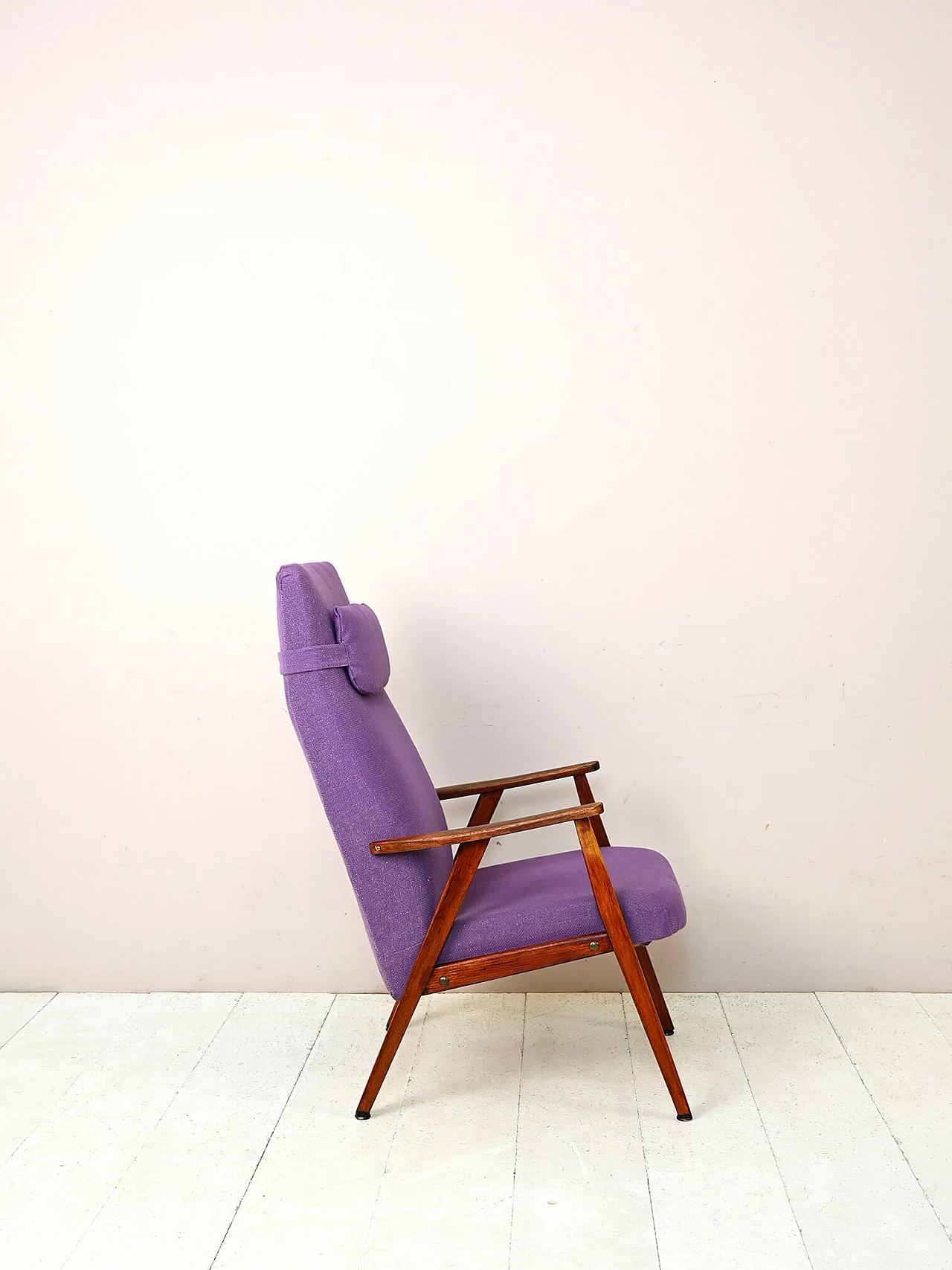 Scandinavian wood and purple fabric armchair, 1960s 3