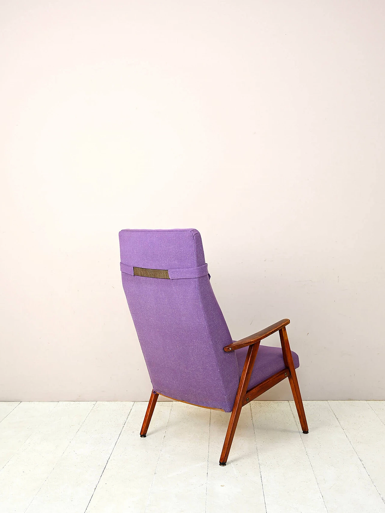 Scandinavian wood and purple fabric armchair, 1960s 4
