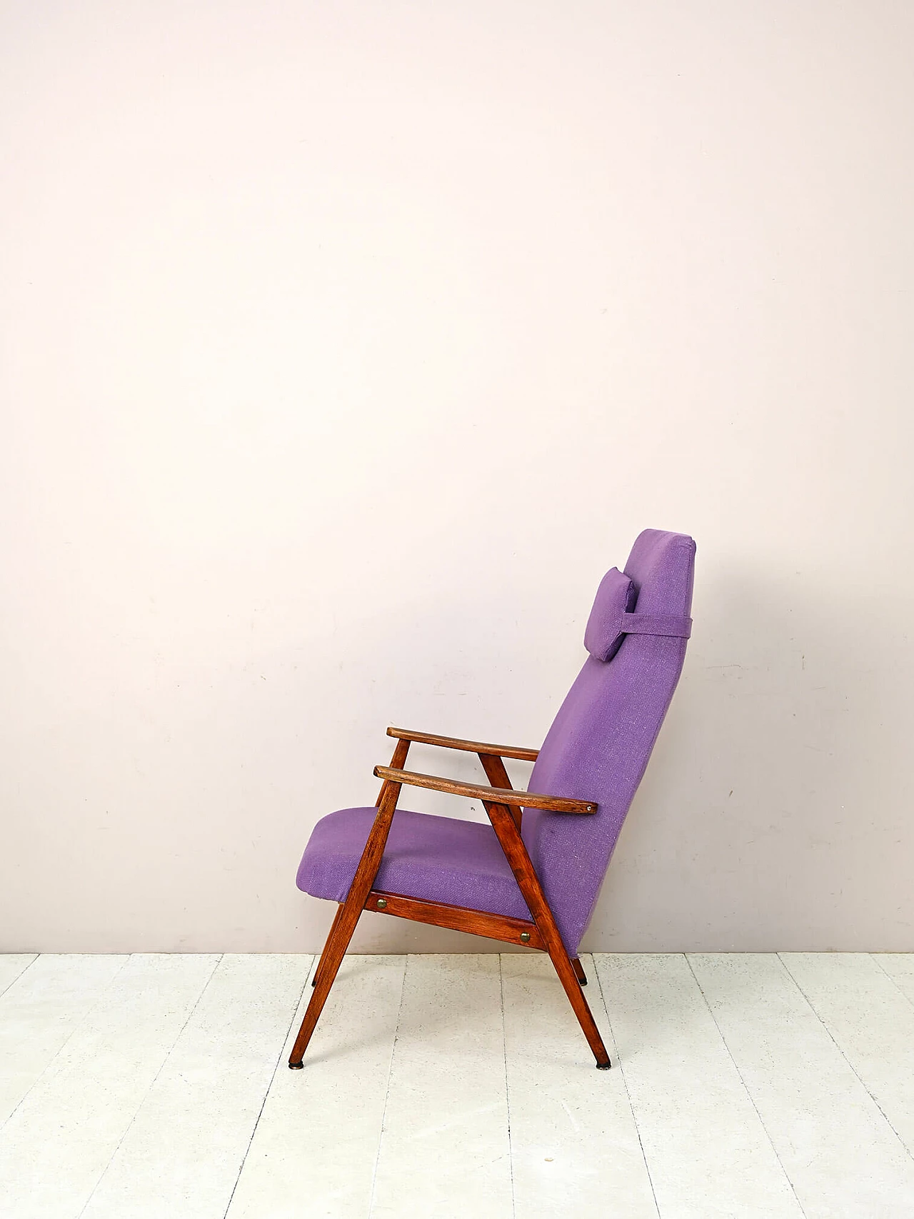 Scandinavian wood and purple fabric armchair, 1960s 5
