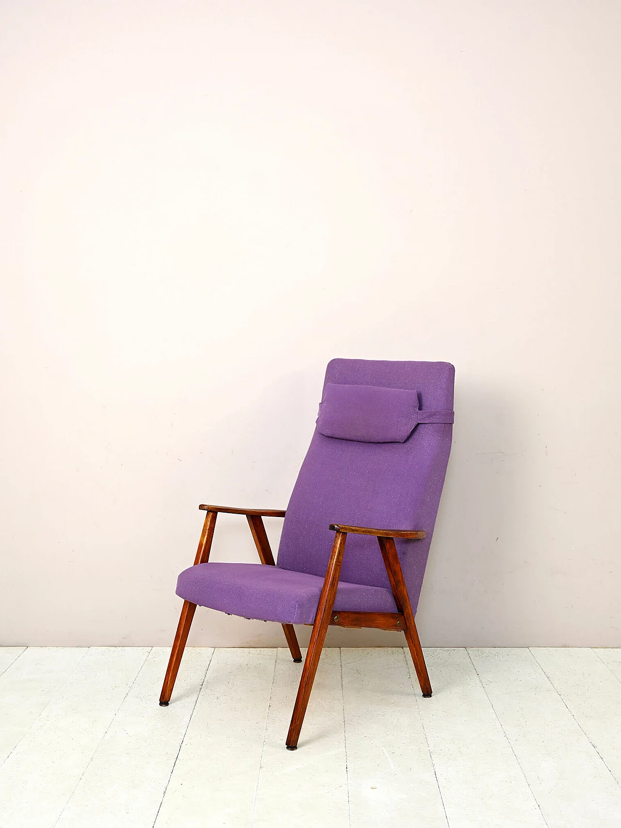 Scandinavian wood and purple fabric armchair, 1960s 6