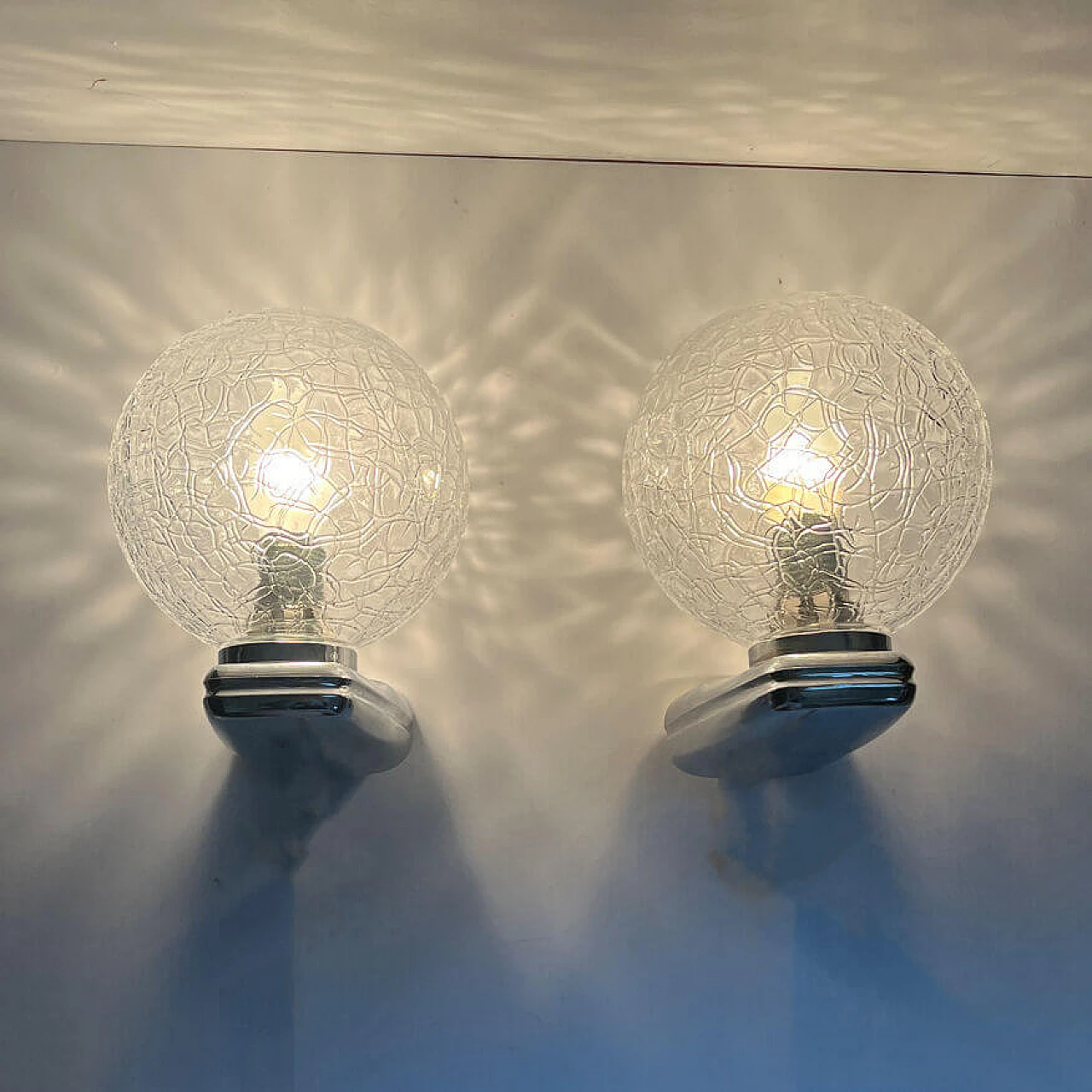 Pair of 56520 glass and chrome-plated plastic wall lights by DusselPlastic, 1980s 2