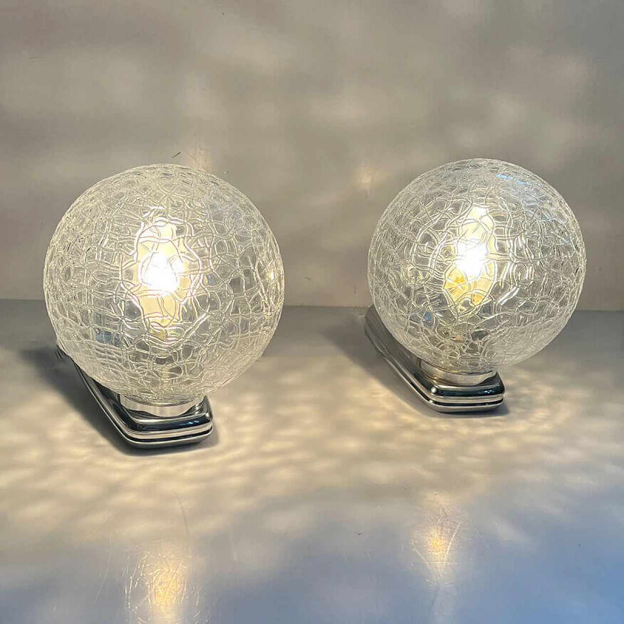 Pair of 56520 glass and chrome-plated plastic wall lights by DusselPlastic, 1980s 6
