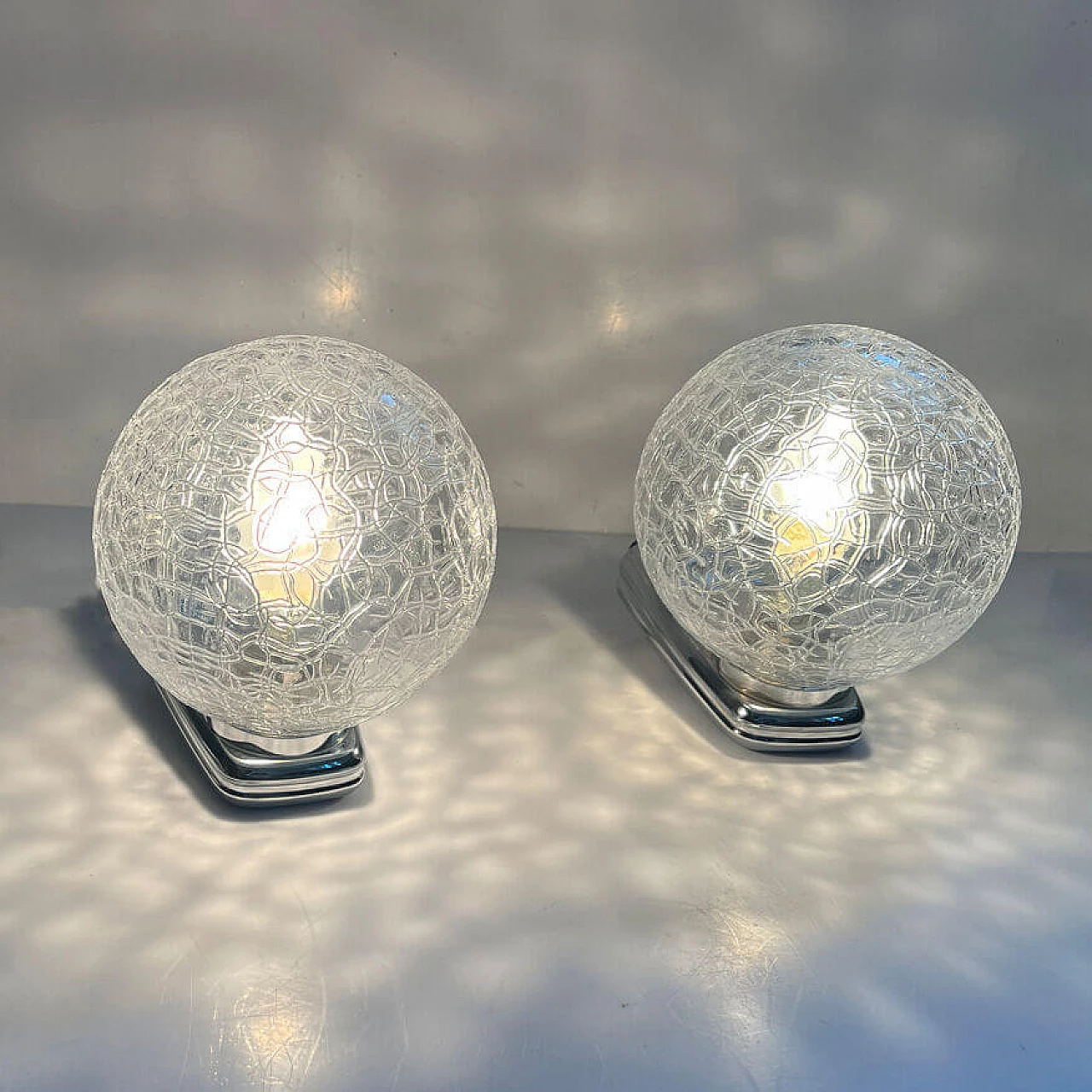 Pair of 56520 glass and chrome-plated plastic wall lights by DusselPlastic, 1980s 13