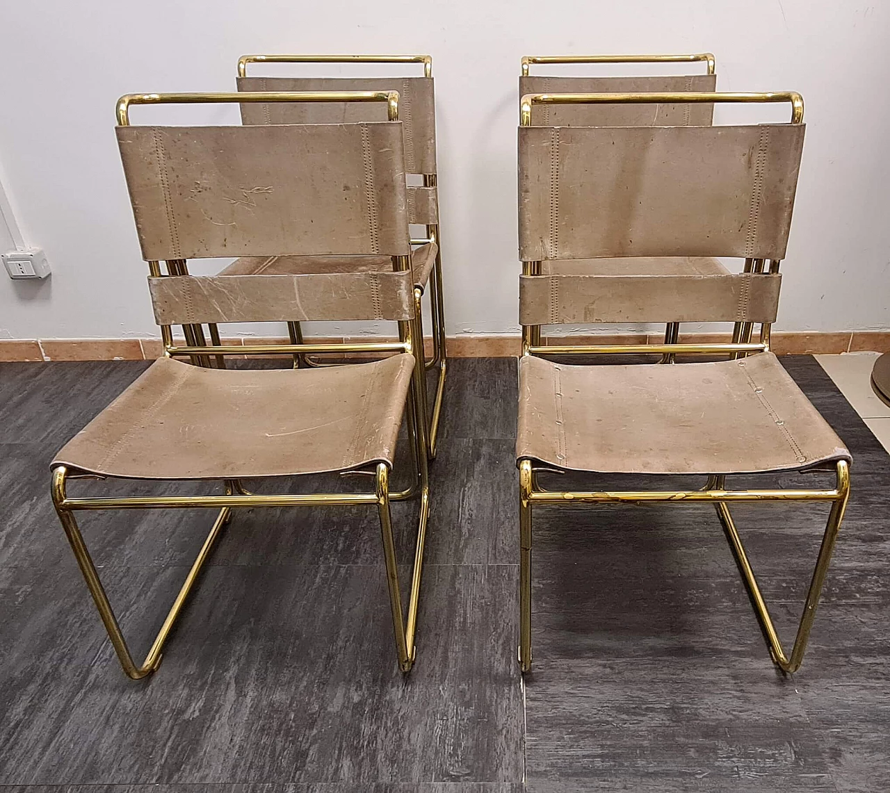 4 Brass and leather chairs by Rima, 1970s 1