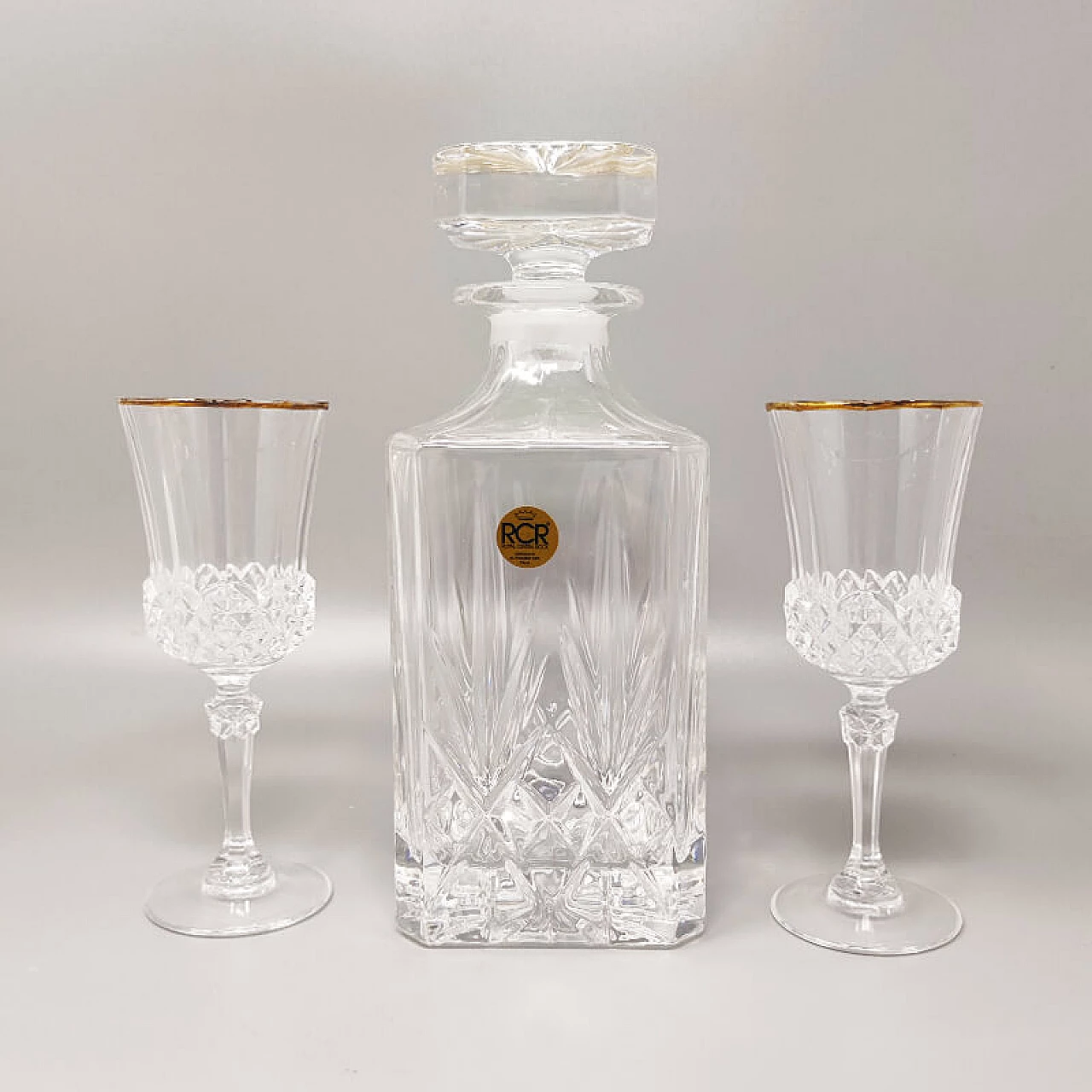 Decanter e coppia di bicchieri in cristallo di RCR, anni '70 1