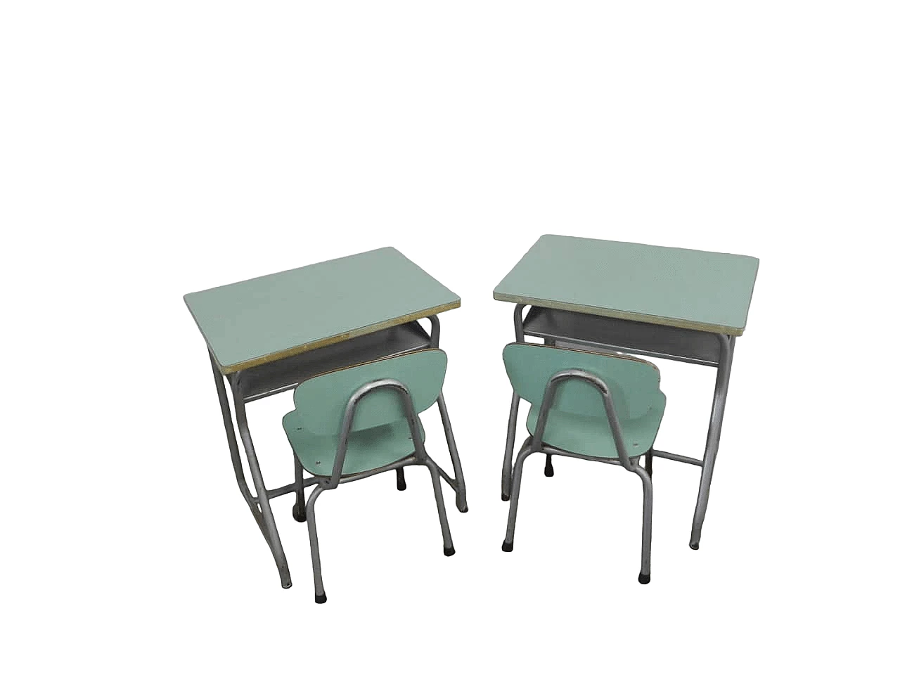 Pair of formica and metal school desks with chair, 1970s 13