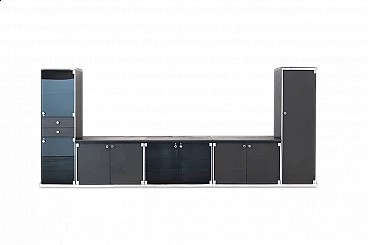 5 Mobili da ufficio componibili in legno, vetro, alluminio e cuoio, anni '70