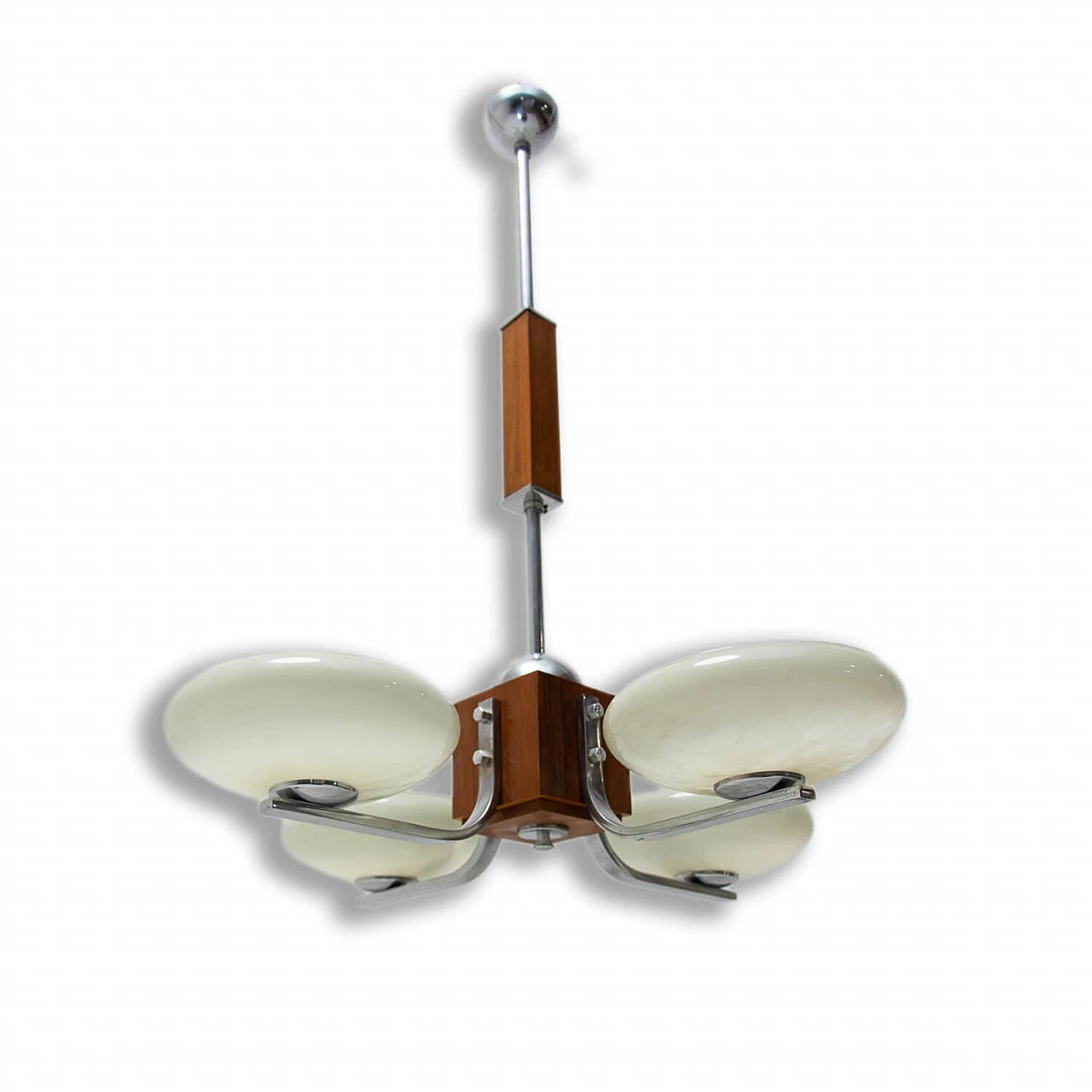 Lampadario a sospensione Art Deco in cromo e legno, anni '30 1