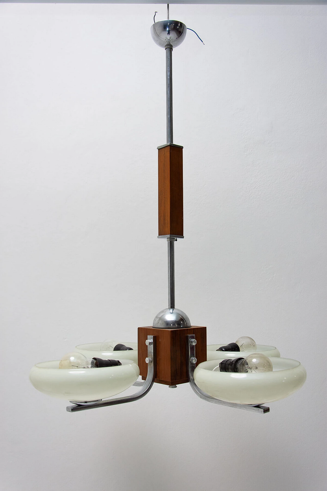 Lampadario a sospensione Art Deco in cromo e legno, anni '30 6