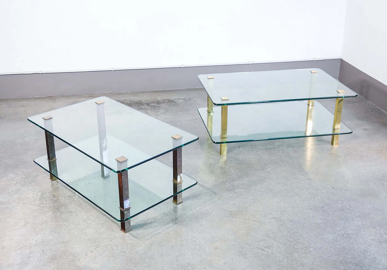 Pair of coffee tables in gilded metal and glass, 1970s 1