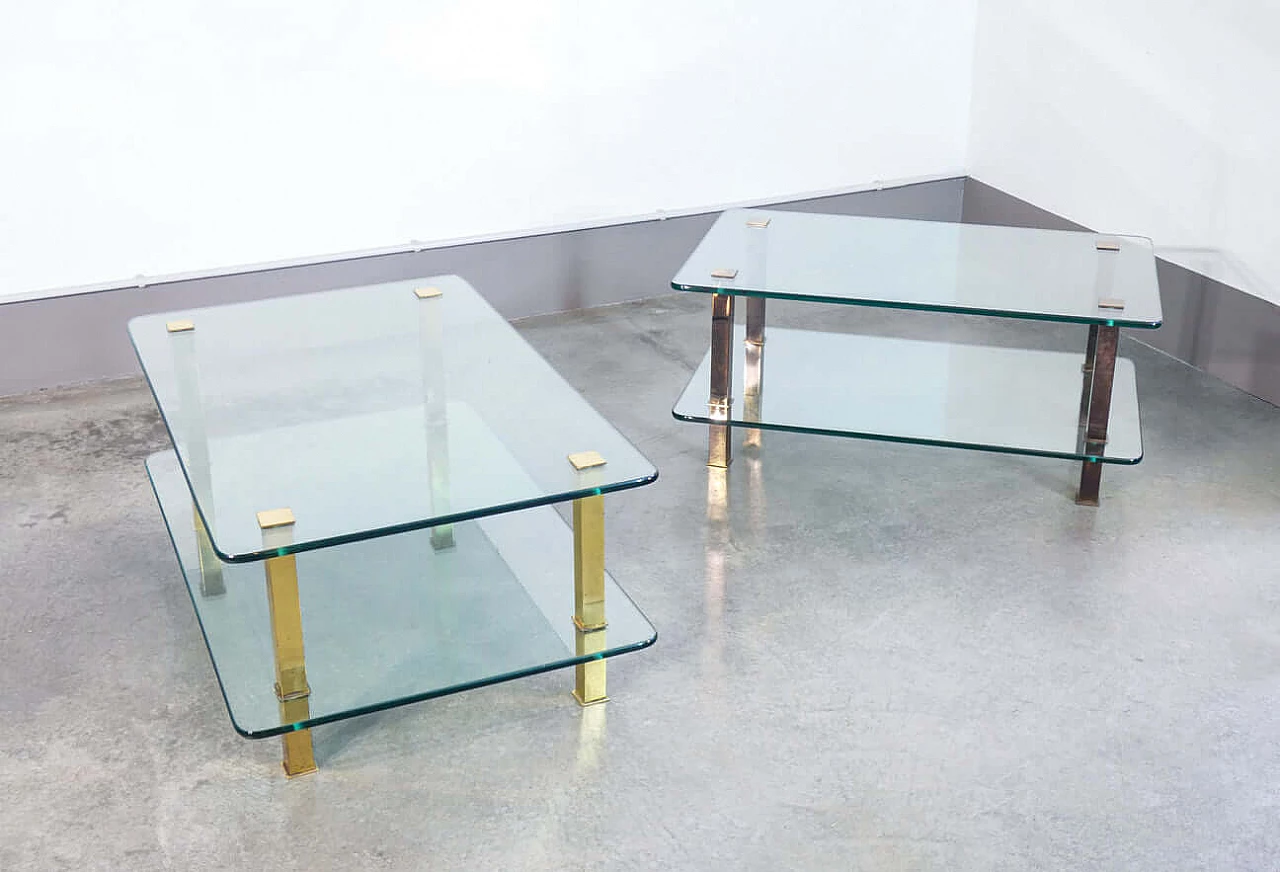 Pair of coffee tables in gilded metal and glass, 1970s 2