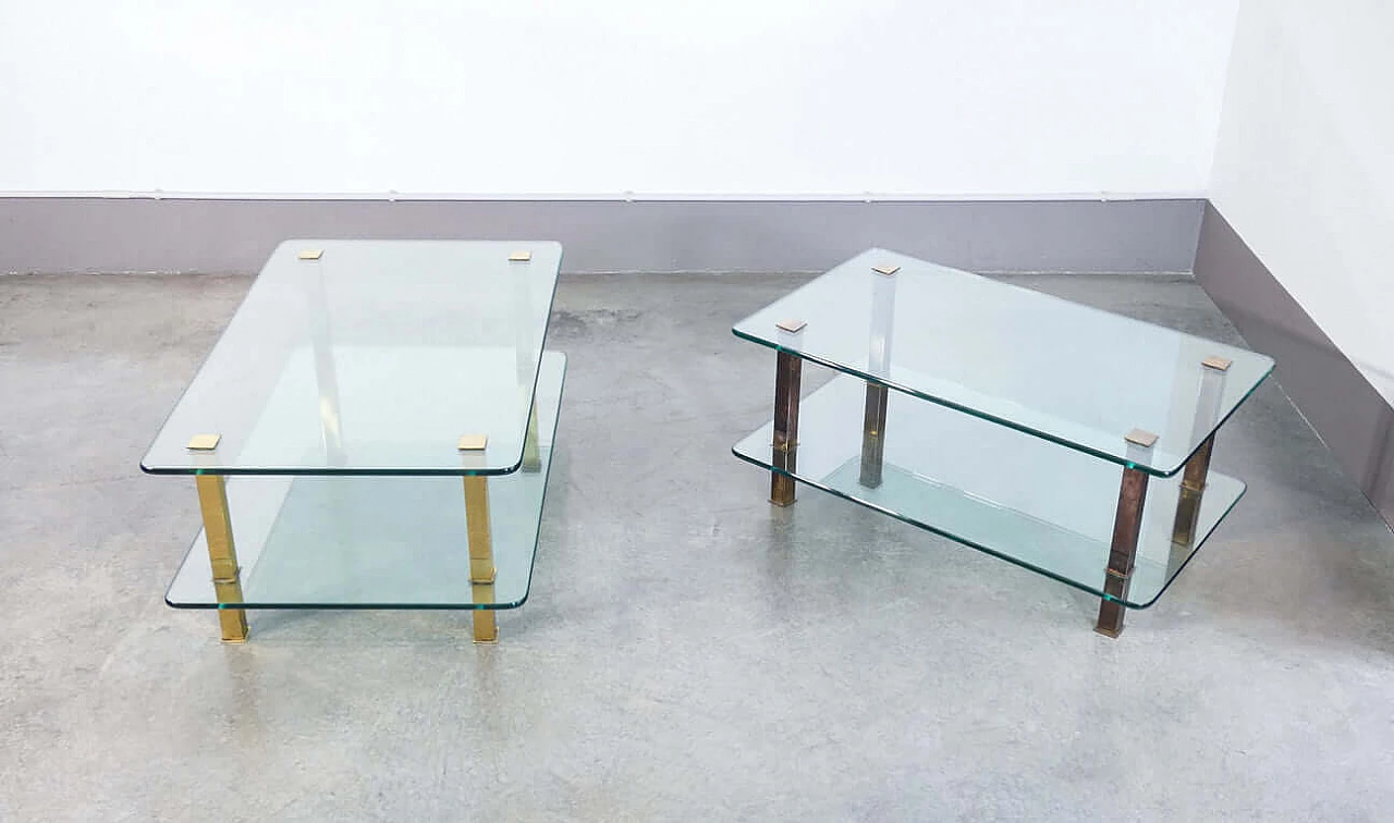 Pair of coffee tables in gilded metal and glass, 1970s 3