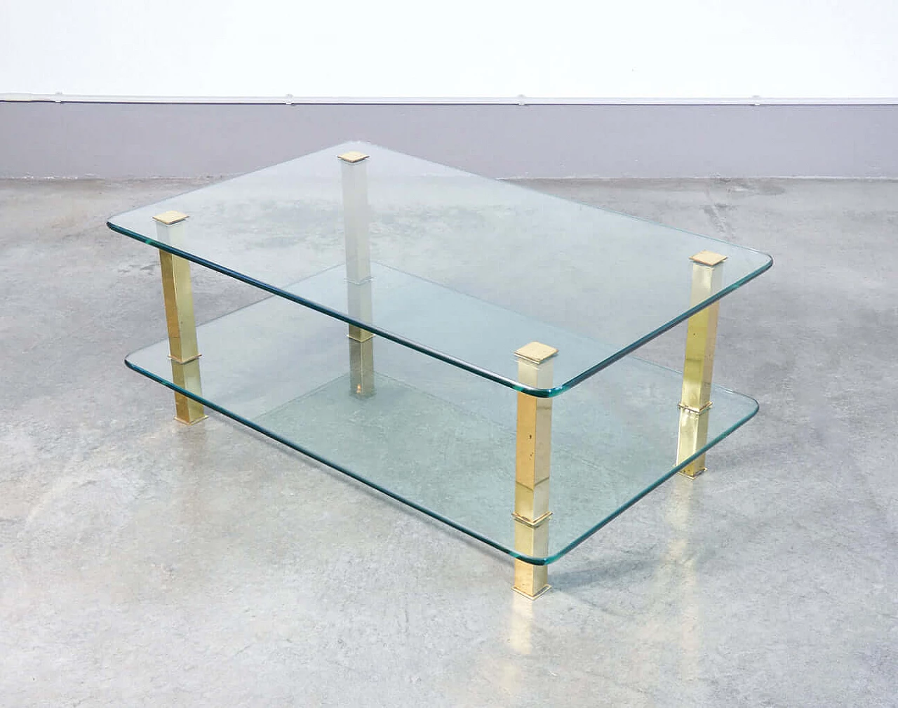 Pair of coffee tables in gilded metal and glass, 1970s 5
