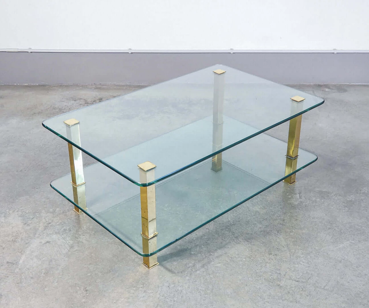 Pair of coffee tables in gilded metal and glass, 1970s 6