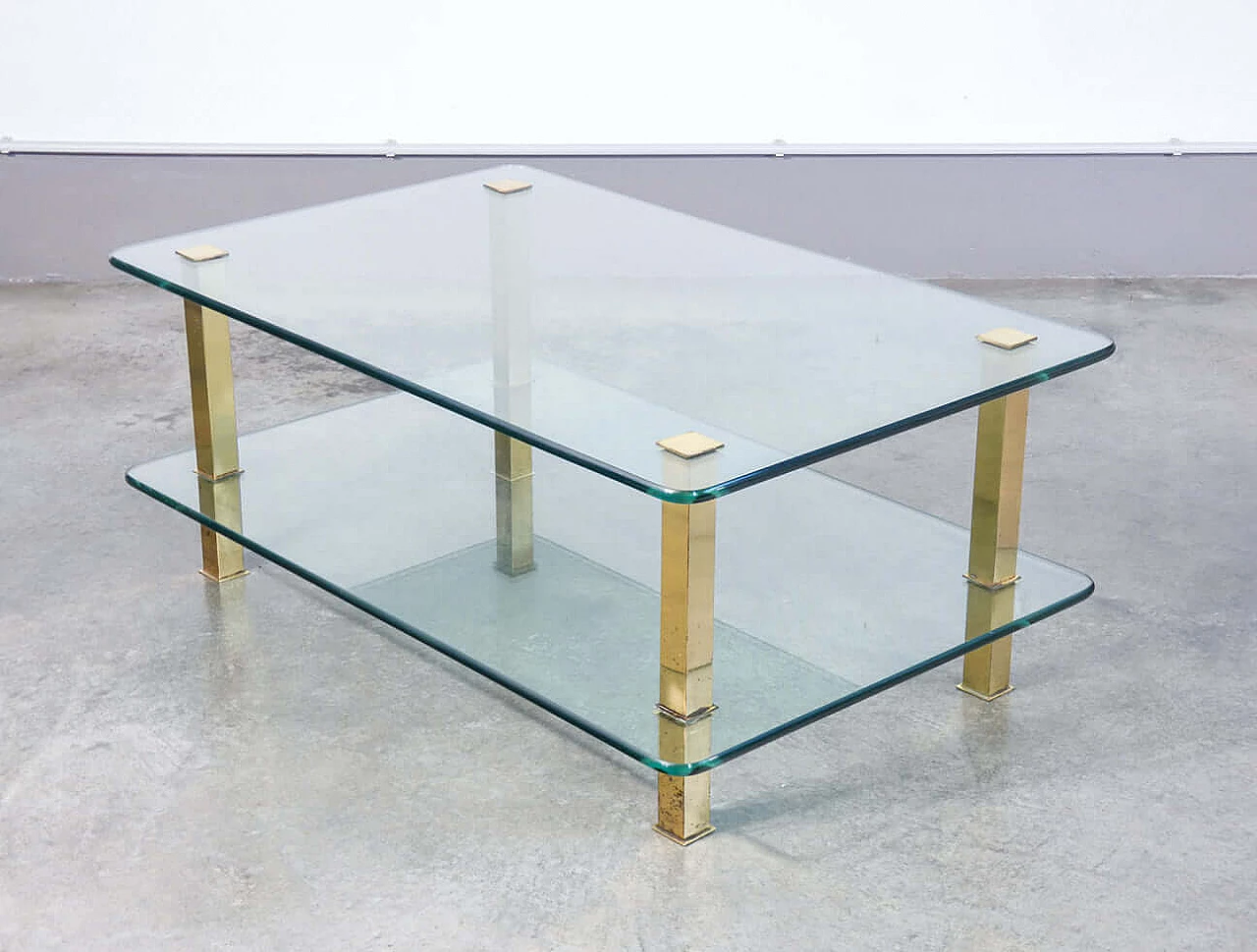 Pair of coffee tables in gilded metal and glass, 1970s 7