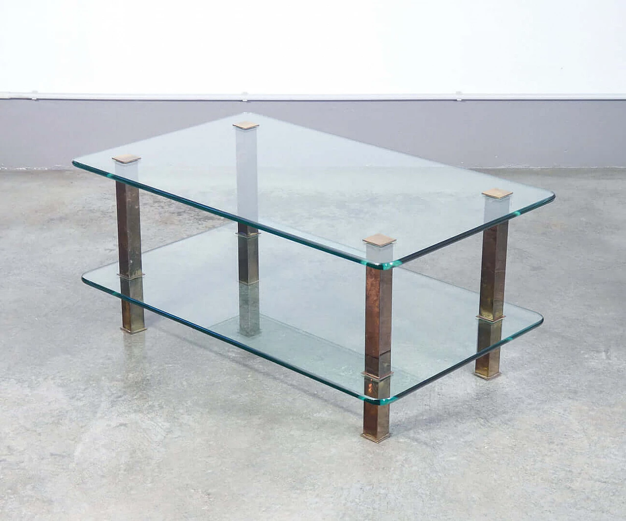 Pair of coffee tables in gilded metal and glass, 1970s 9