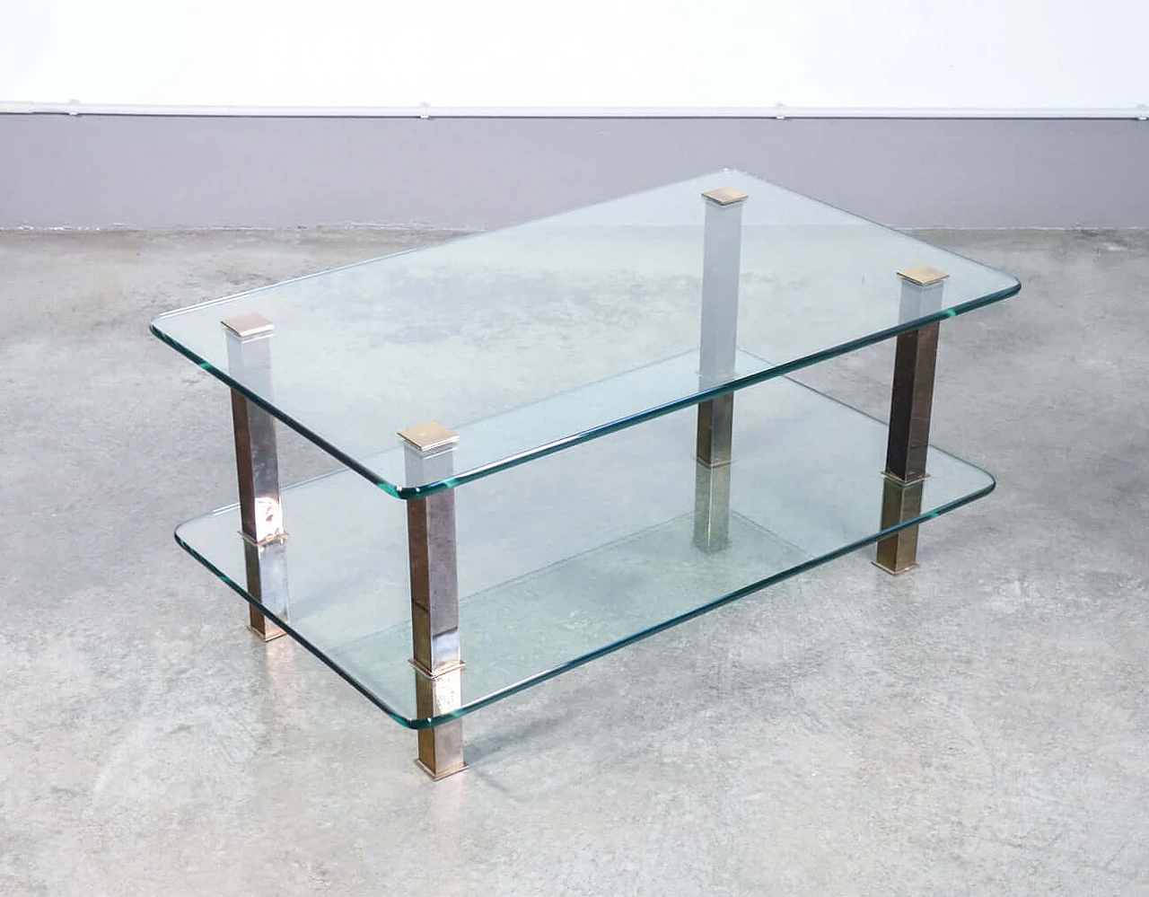 Pair of coffee tables in gilded metal and glass, 1970s 10