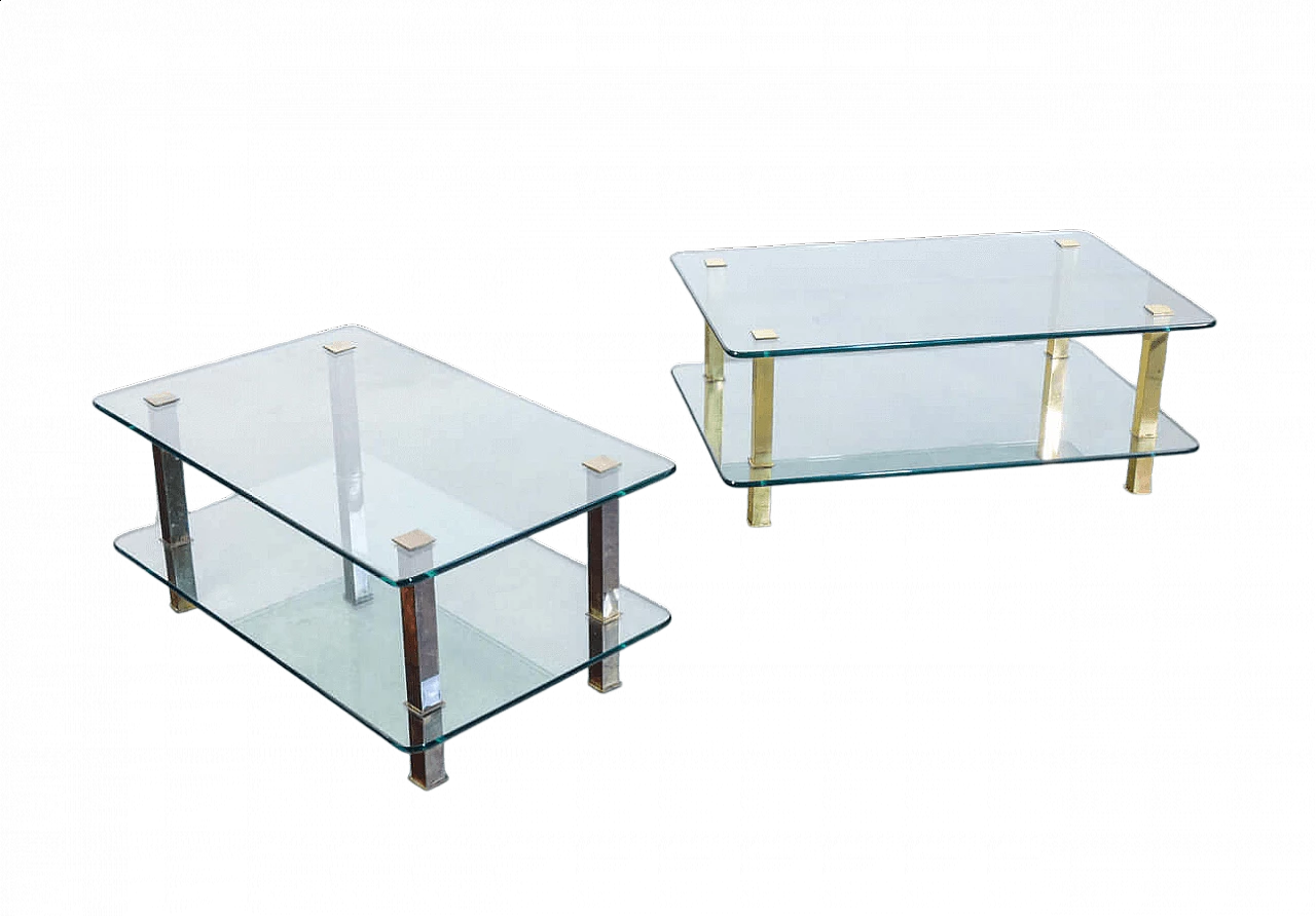 Pair of coffee tables in gilded metal and glass, 1970s 13