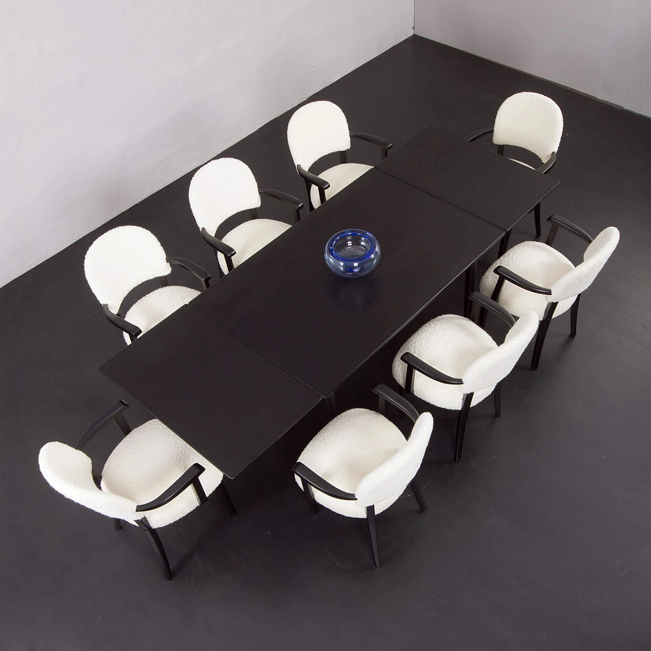 8 Thonet chairs and black varnished teak extending table, 1960s 11