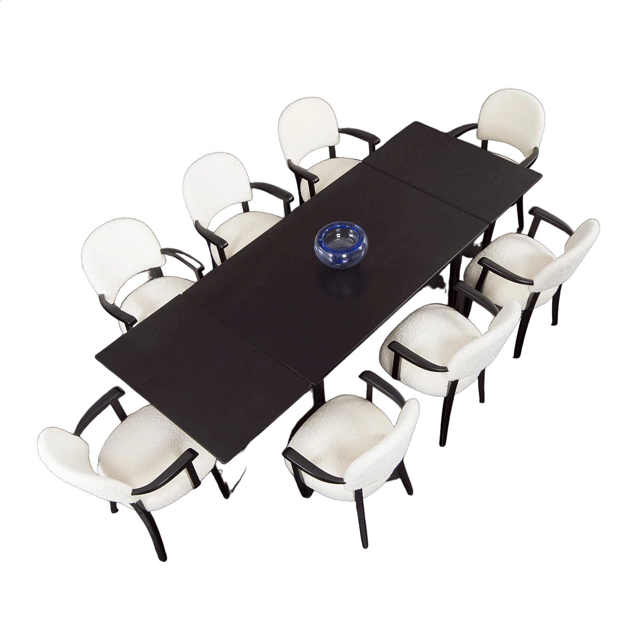 8 Thonet chairs and black varnished teak extending table, 1960s 12