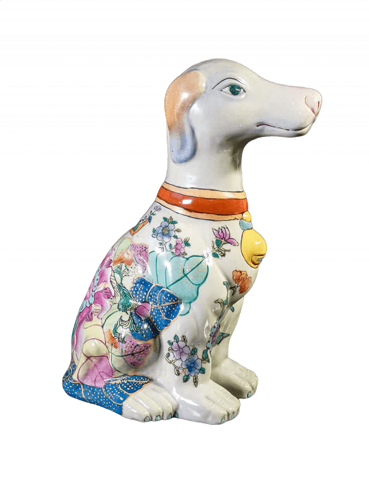 Scultura di cane in ceramica dipinta a motivi floreali 9
