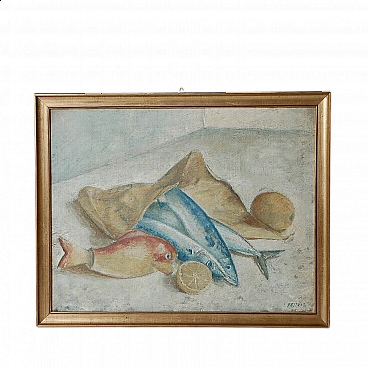 Leontino Destradi, natura morta con pesci e limoni, dipinto a olio su faesite