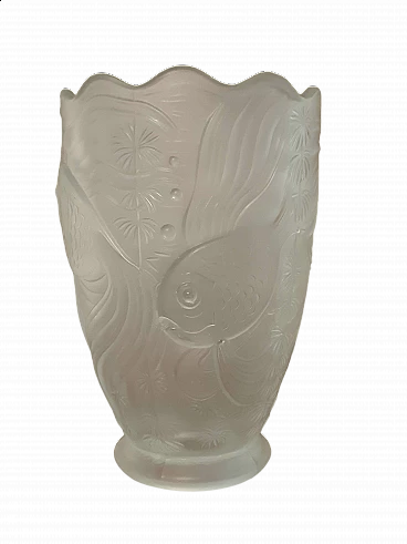 Satin-finished glass vase with relief fish decoration, 1930s