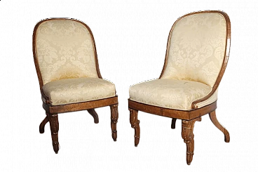 Pair of Charles X walnut and damask fabric chairs, mid-19th century