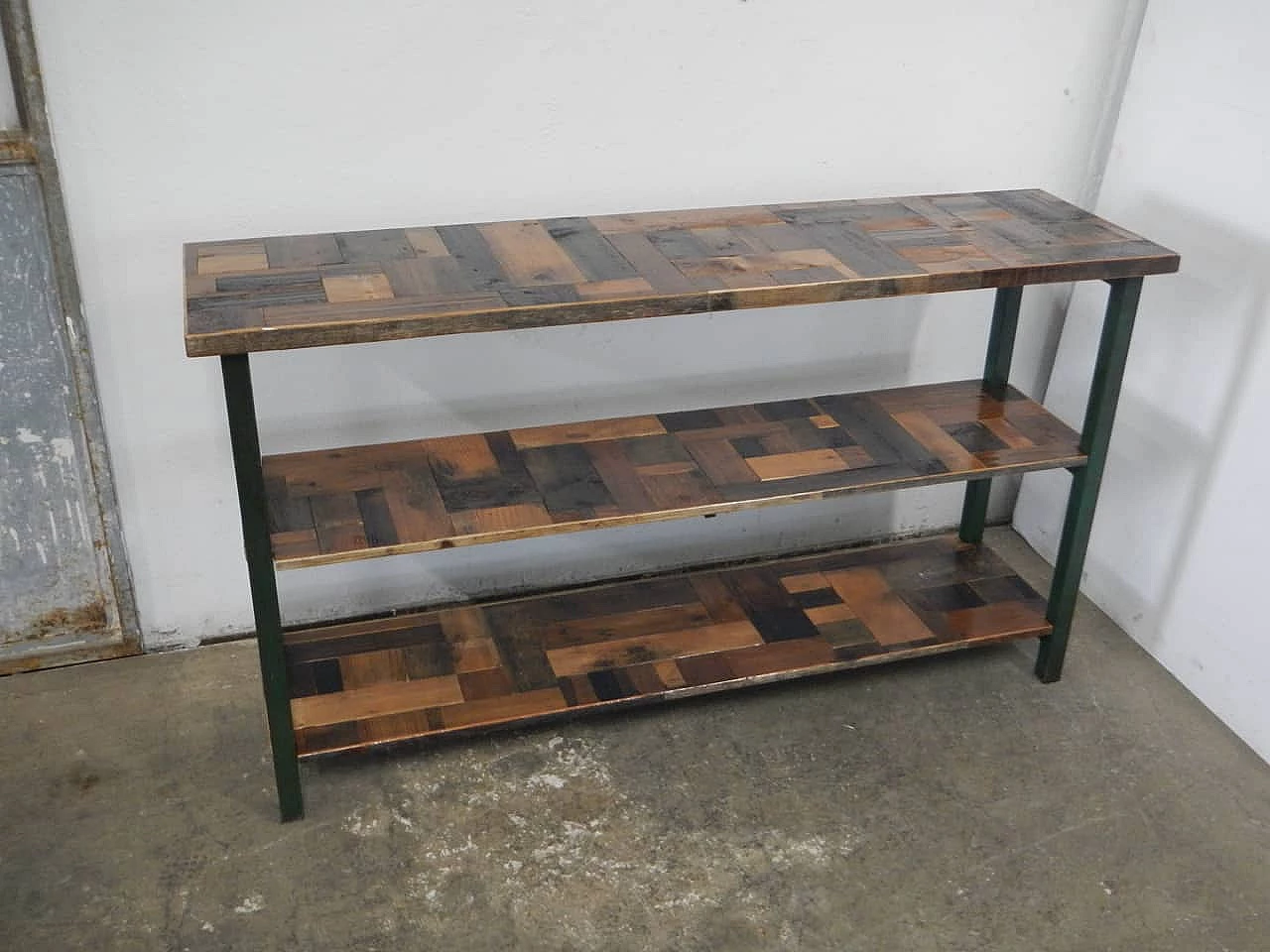 Green metal and spruce workshop shelf, 1970s 1