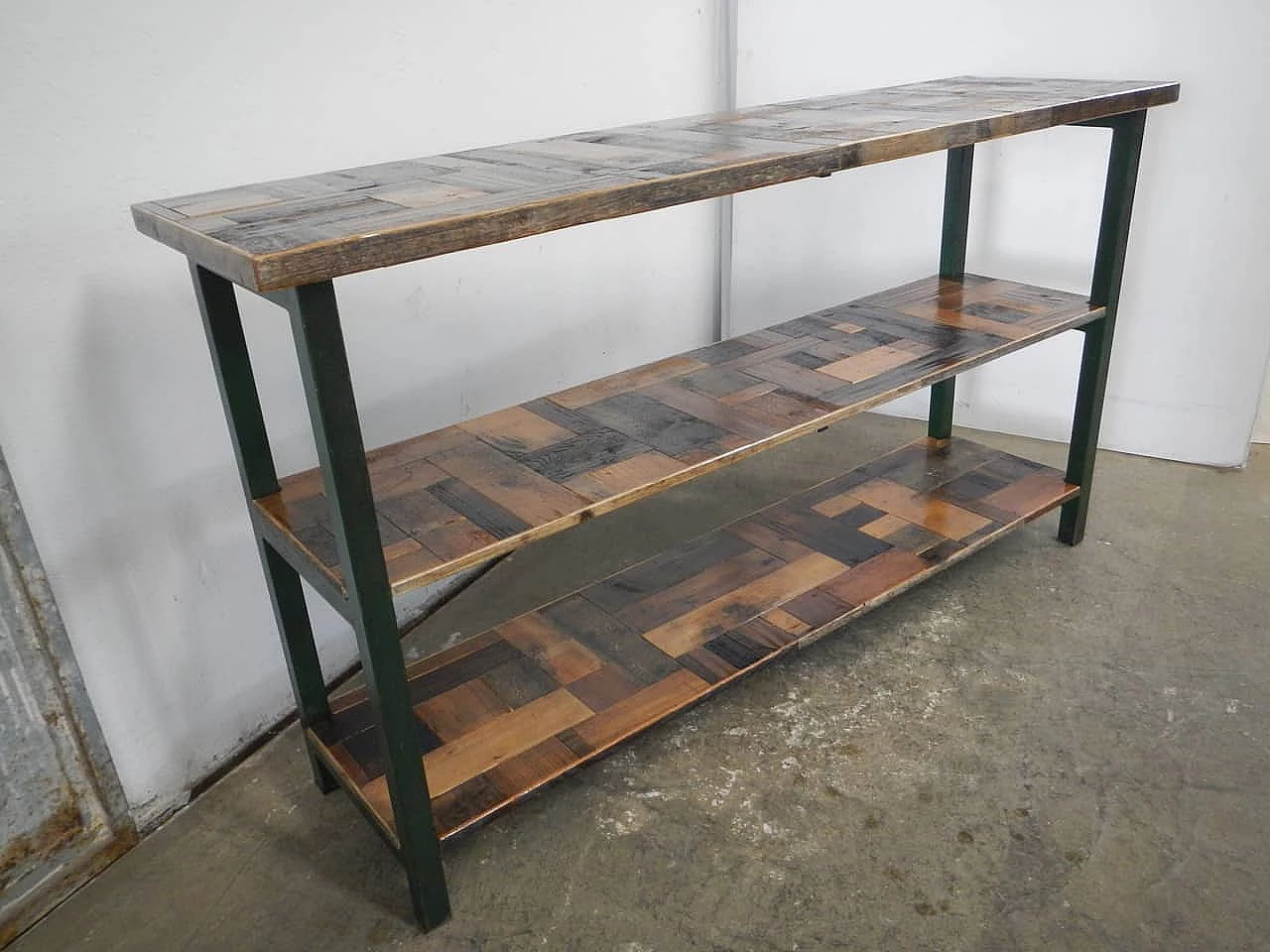 Green metal and spruce workshop shelf, 1970s 2