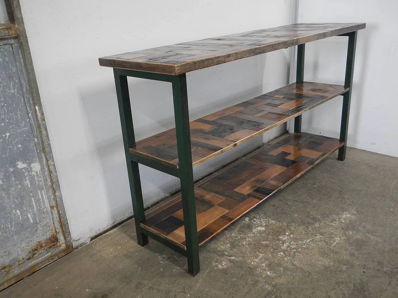 Green metal and spruce workshop shelf, 1970s 3
