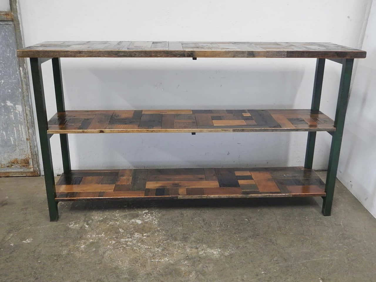 Green metal and spruce workshop shelf, 1970s 4