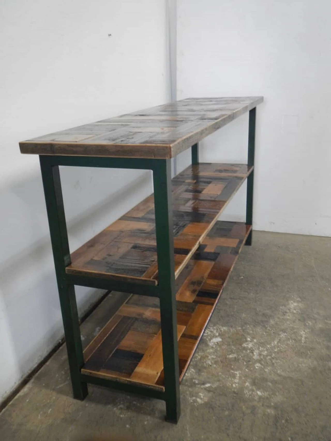 Green metal and spruce workshop shelf, 1970s 5