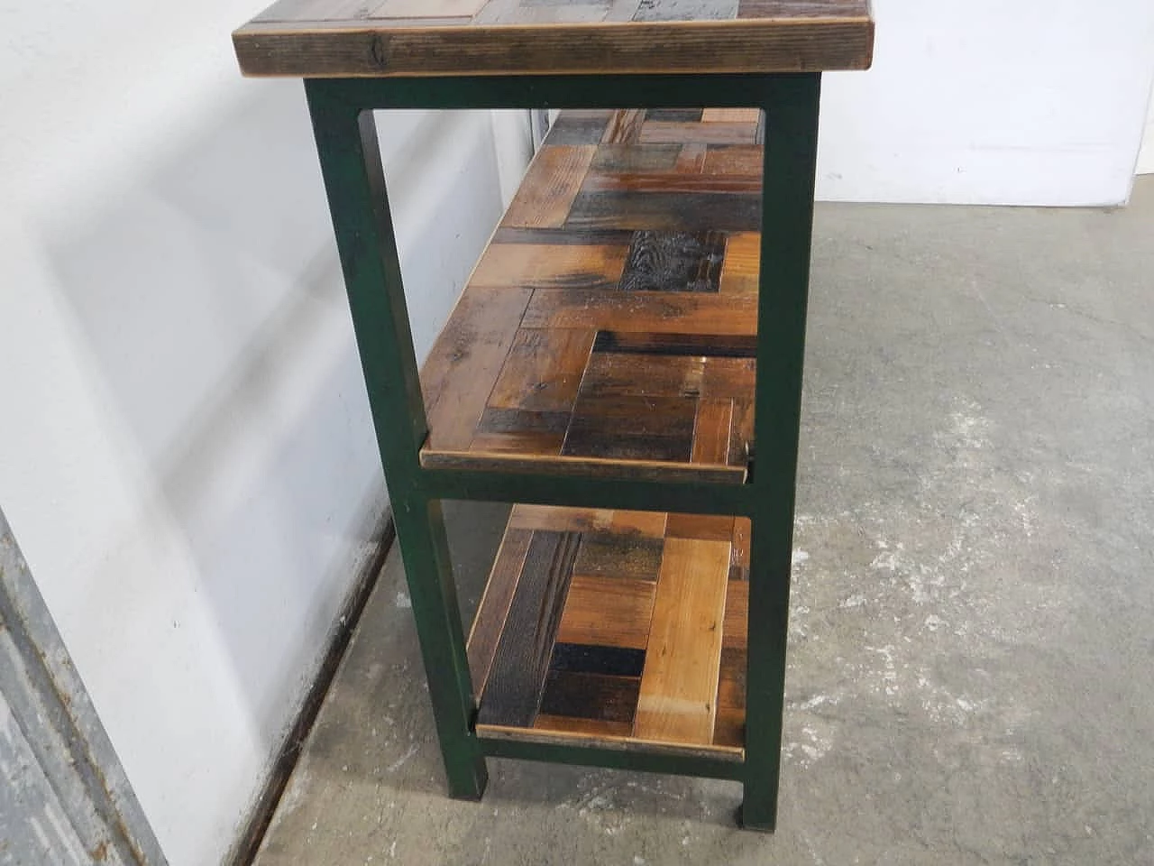 Green metal and spruce workshop shelf, 1970s 6