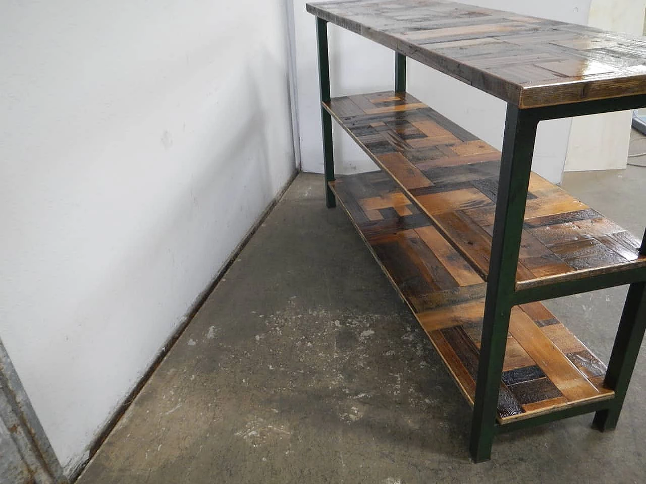 Green metal and spruce workshop shelf, 1970s 7