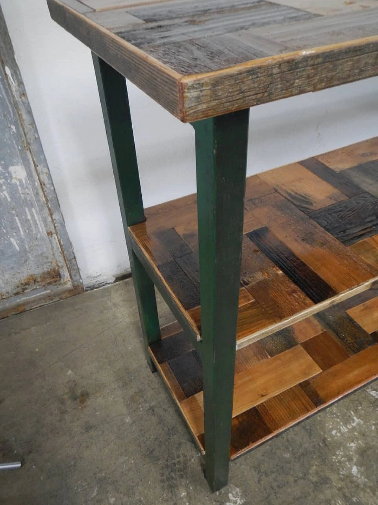 Green metal and spruce workshop shelf, 1970s 8