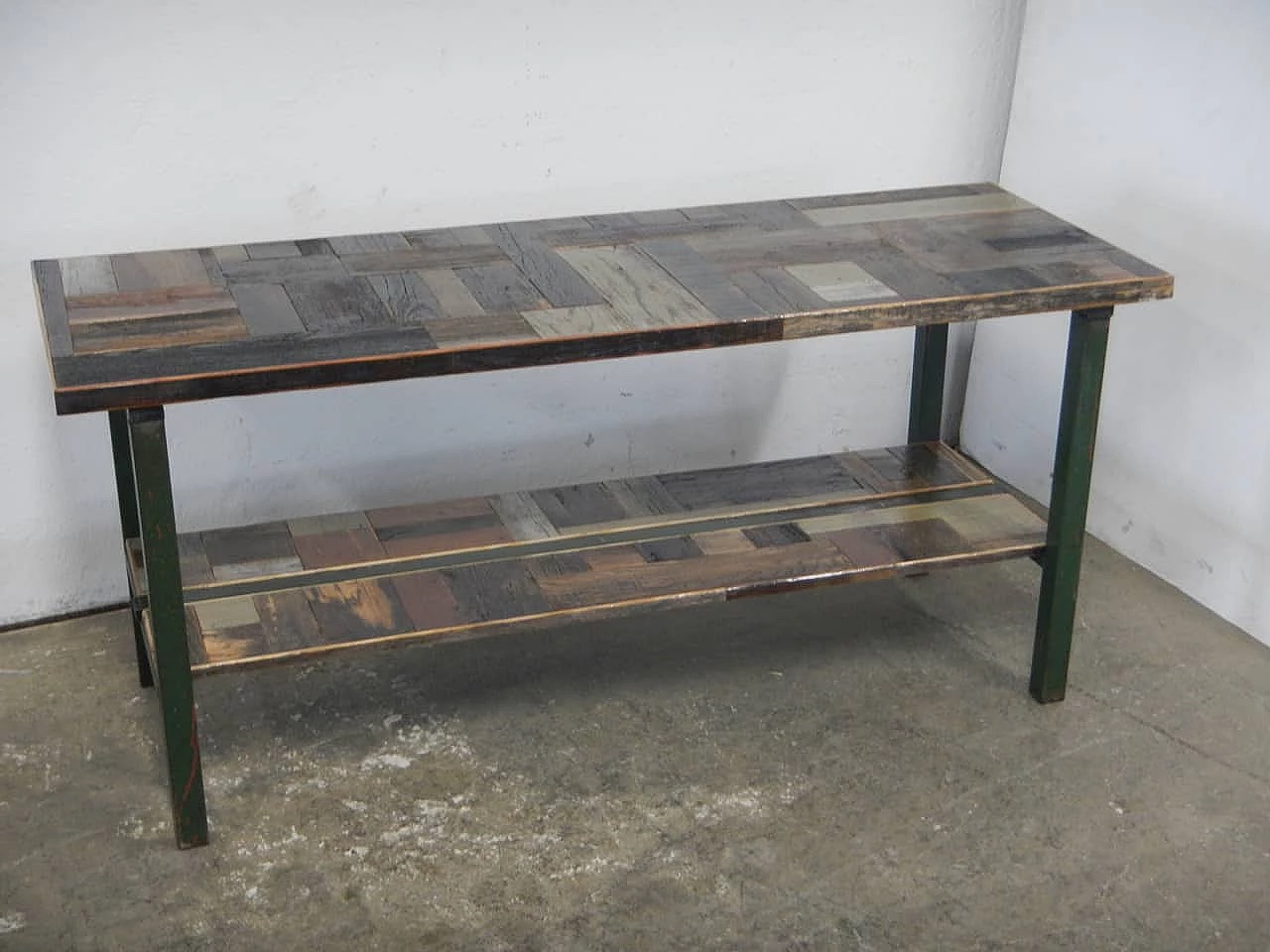 Green metal and spruce workshop shelf, 1970s 1